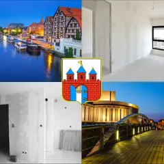 Bydgoszcz: kanał, budynek, herb miasta, wnętrza w remoncie, most.