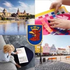 Szczecin: panorama miasta, herb, wybór kolorów i kobieta z próbkami materiałów.