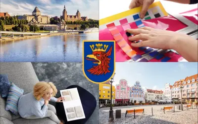 Szczecin: panorama miasta, herb, wybór kolorów i kobieta z próbkami materiałów.