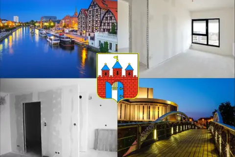 Bydgoszcz: kanał, budynek, herb miasta, wnętrza w remoncie, most.