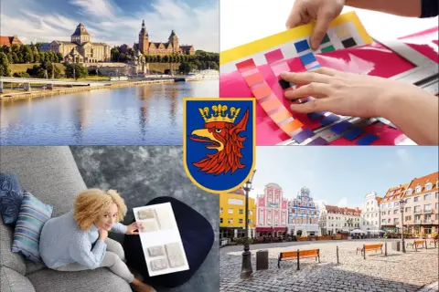 Szczecin: panorama miasta, herb, wybór kolorów i kobieta z próbkami materiałów.