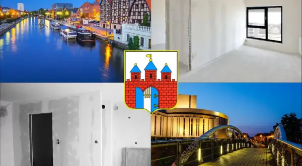 Bydgoszcz: kanał, budynek, herb miasta, wnętrza w remoncie, most.