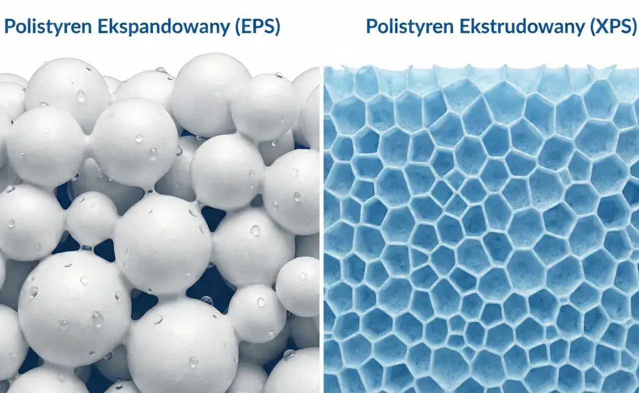 Porównanie styropianu EPS (białe kulki) i XPS (niebieska struktura plastra miodu). Jaki styropian na fundamenty wybrać?